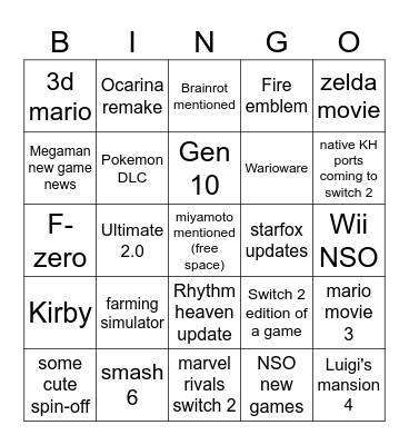 Nintendo Direct summer 2026 Bingo Card