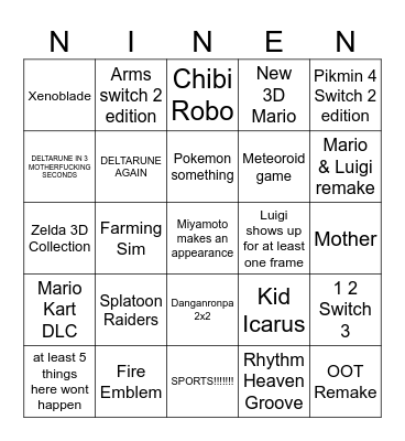 nint edno Bingo Card