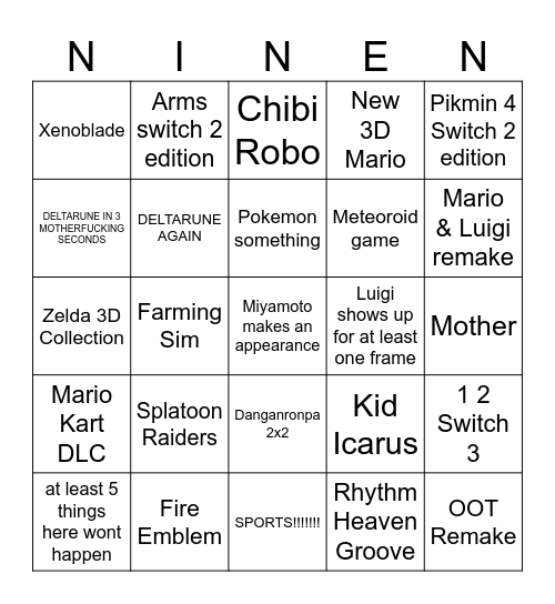 nint edno Bingo Card