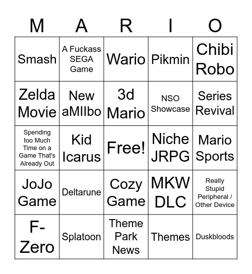 Nintendo Direct Bingo Card