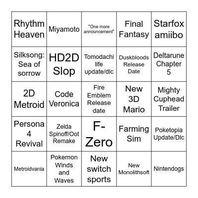 Nintendo Direct 6/9/26 Bingo Board Bingo Card
