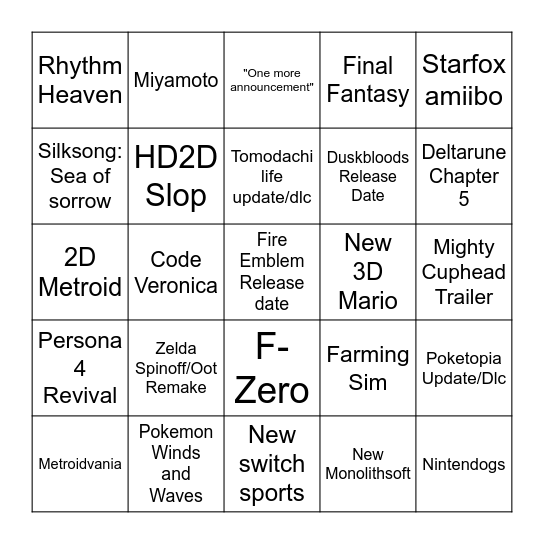 Nintendo Direct 6/9/26 Bingo Board Bingo Card