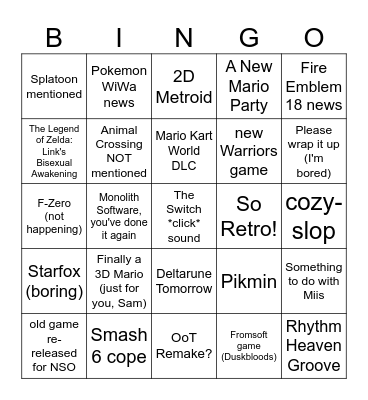Nintendo I Suppose Bingo Card