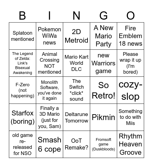 Nintendo I Suppose Bingo Card