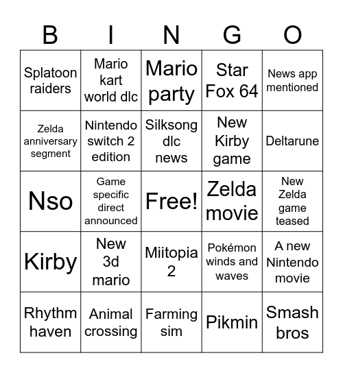 Nintendo direct Bingo Card