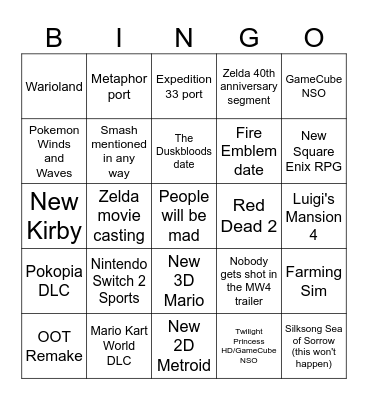 Nintendo Direct 6/9/26 Bingo Card