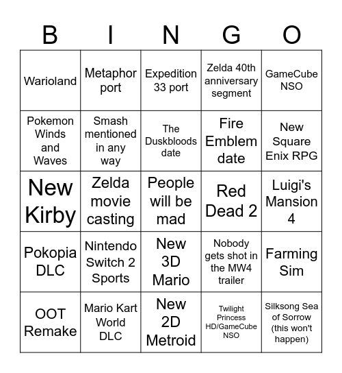 Nintendo Direct 6/9/26 Bingo Card