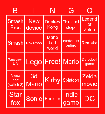Nintendo direct Bingo Card