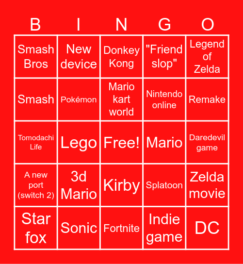 Nintendo direct Bingo Card