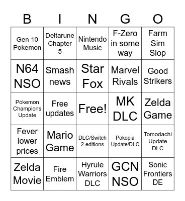 9/6/26 Nintendo Direct Bingo Card