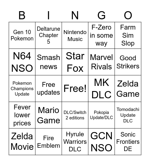 9/6/26 Nintendo Direct Bingo Card