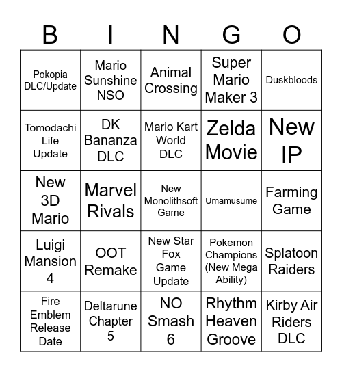 Nintendo Direct 09/06/26 Bingo Card