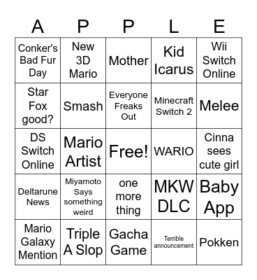 Nintendo Direct Bingo Card