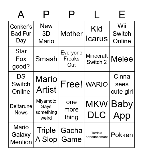 Nintendo Direct Bingo Card