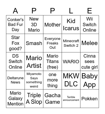 Nintendo Direct Bingo Card