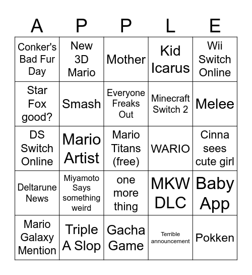 Nintendo Direct Bingo Card