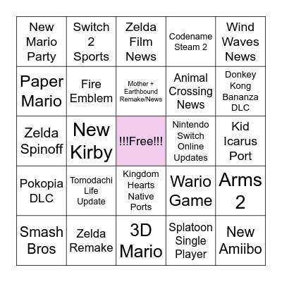 Nintendo Direct Bingo Card