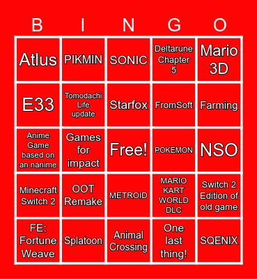 NINTENDO DIRECT SUMMER 2026 Bingo Card