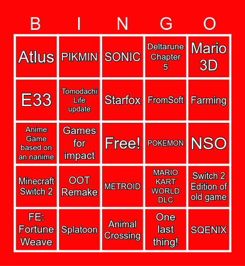 NINTENDO DIRECT SUMMER 2026 Bingo Card