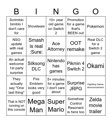 Nintendo Direct Bingo Card