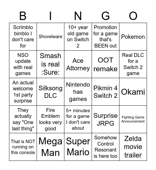 Nintendo Direct Bingo Card