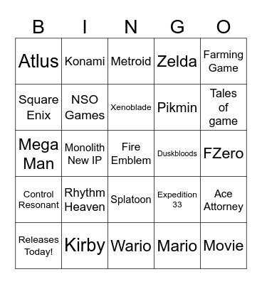 Nintendo Direct Bingo Card