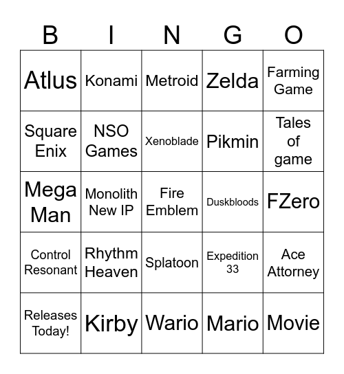 Nintendo Direct Bingo Card