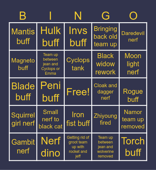 Marvel rivals dev vision Bingo Card