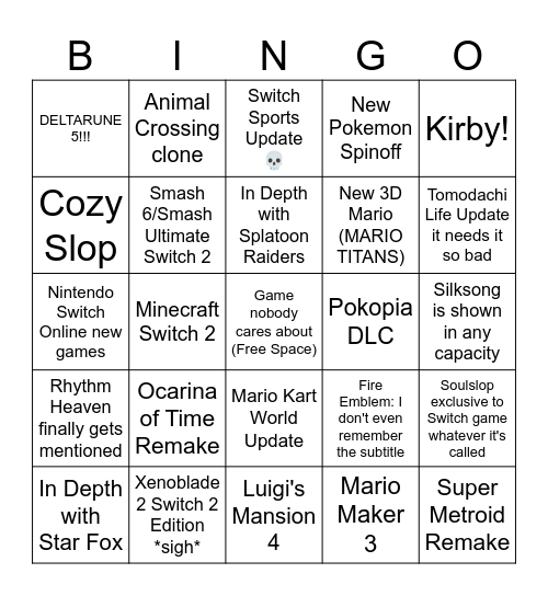 Nintendo Direct 6/8/26 Bingo Card