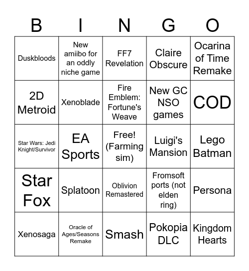 June 9th Nintendo Direct Bingo Card