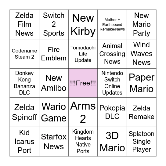 Nintendo Direct Bingo Card