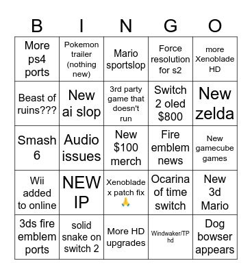 Nintendo Direct Bingo Card