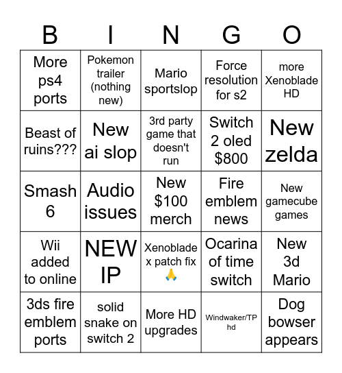 Nintendo Direct Bingo Card