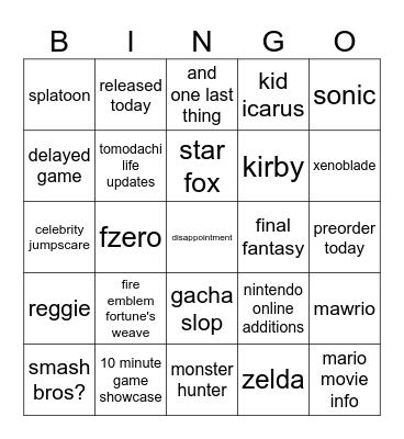 nintendo direct Bingo Card