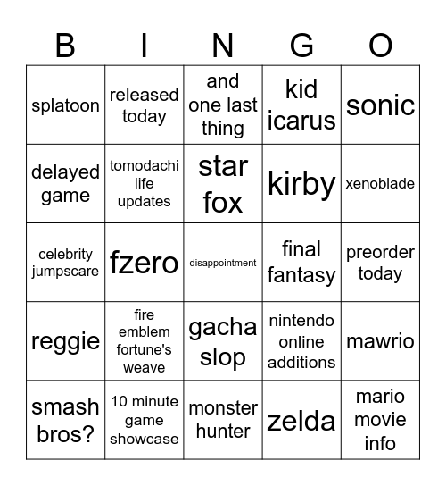 nintendo direct Bingo Card