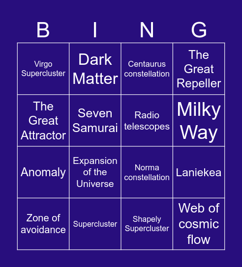 The Great Attractor Bingo Card