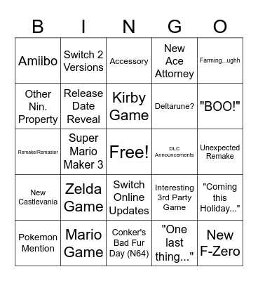 Nintendo Direction Bingo Card