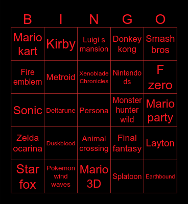 Nintendo direct Bingo Card