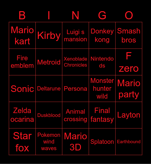 Nintendo direct Bingo Card