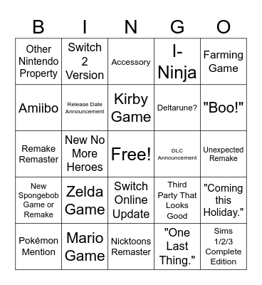 Nintendo Direct Bingo Card