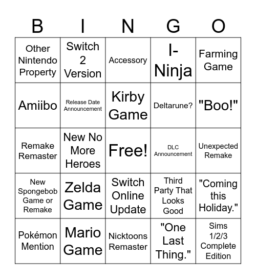 Nintendo Direct Bingo Card