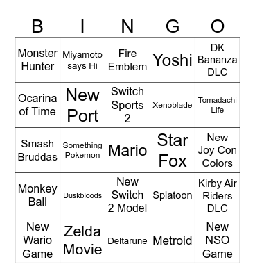 Nintendo Direct Bingo Card