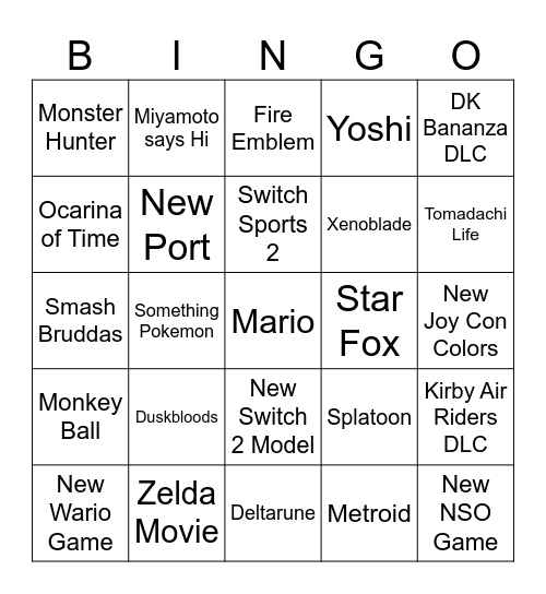 Nintendo Direct Bingo Card