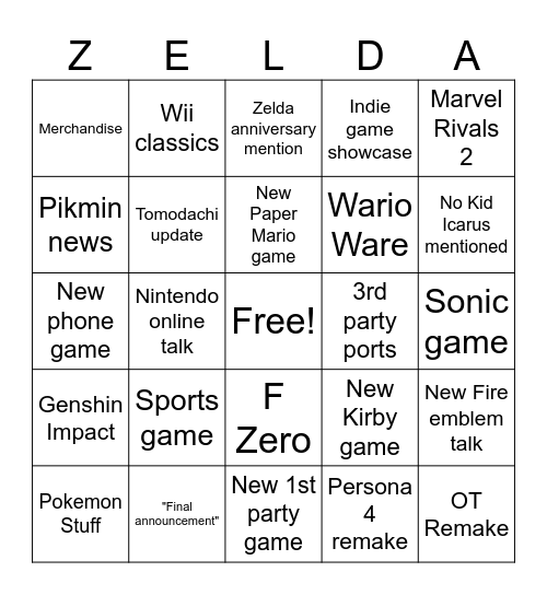 Nintendo Direct Summer 2026 Bingo Card