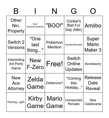 Nintendo Direction Bingo Card
