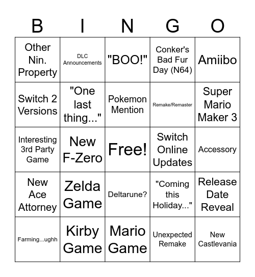 Nintendo Direction Bingo Card