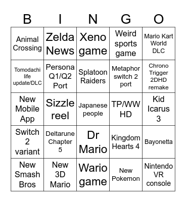 Nintendo Direct 2026 Bingo Card