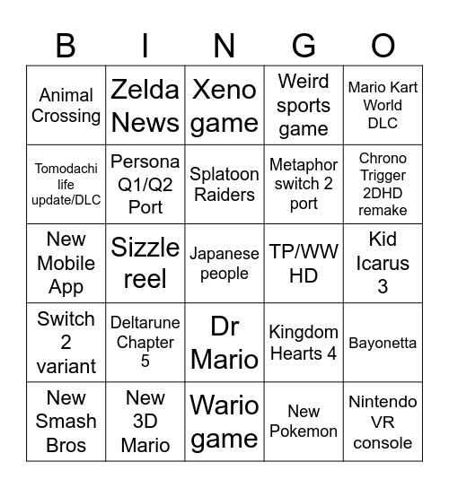 Nintendo Direct 2026 Bingo Card
