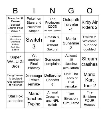 NINTENDO DIRECT 2026 Bingo Card