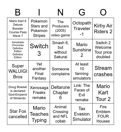 NINTENDO DIRECT 2026 Bingo Card